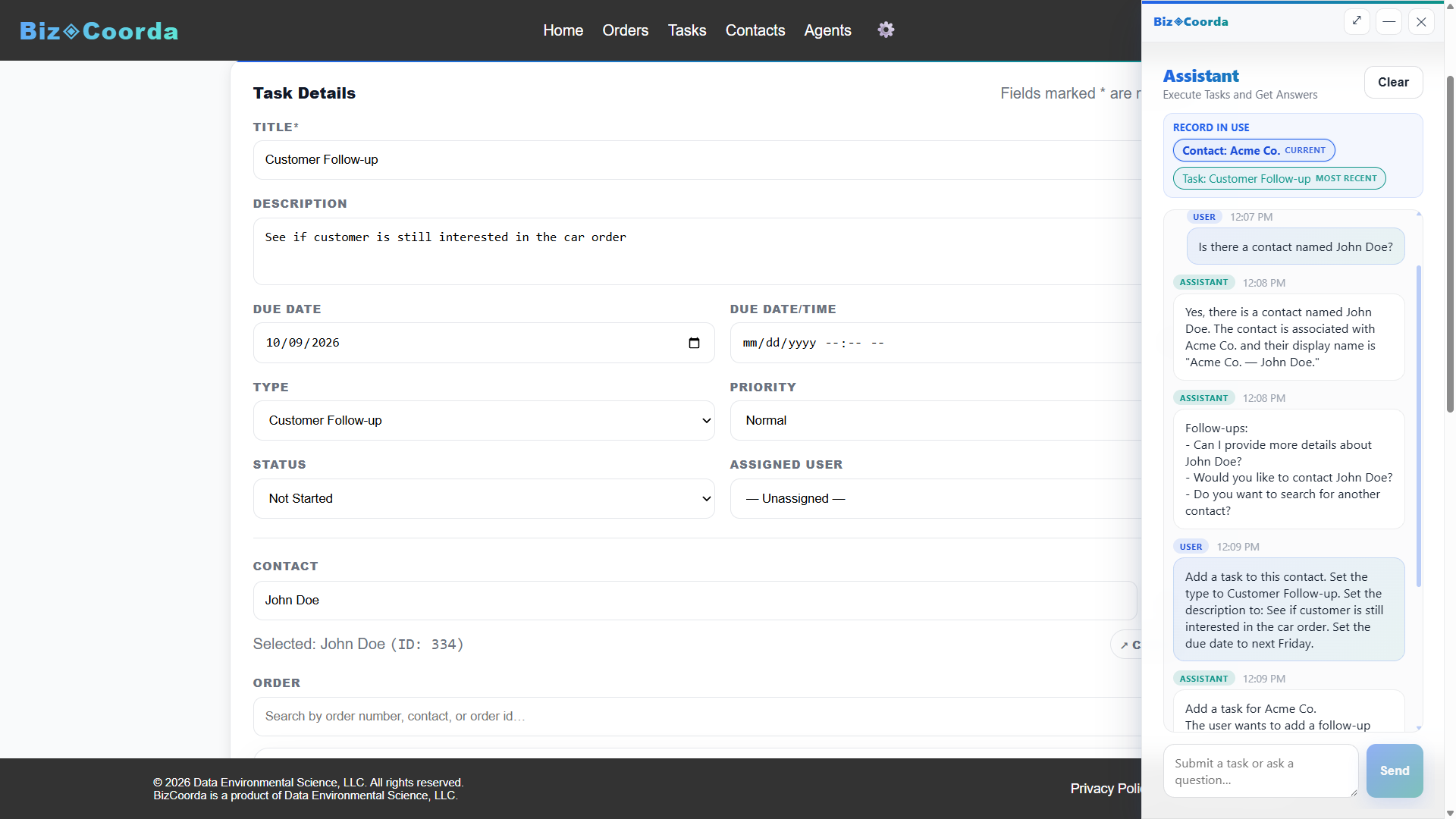 BizCoorda business coordination software showing a customer look up and follow-up task created through the AI assistant.